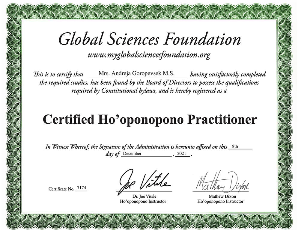 HO OPONOPONO Certifikat
